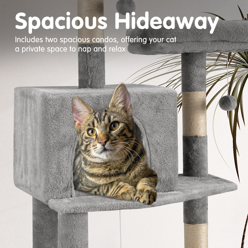 Petzly Cat Tree Tower Scratching Post Scratcher Condo House Bed 180cm Grey - Sunyee
