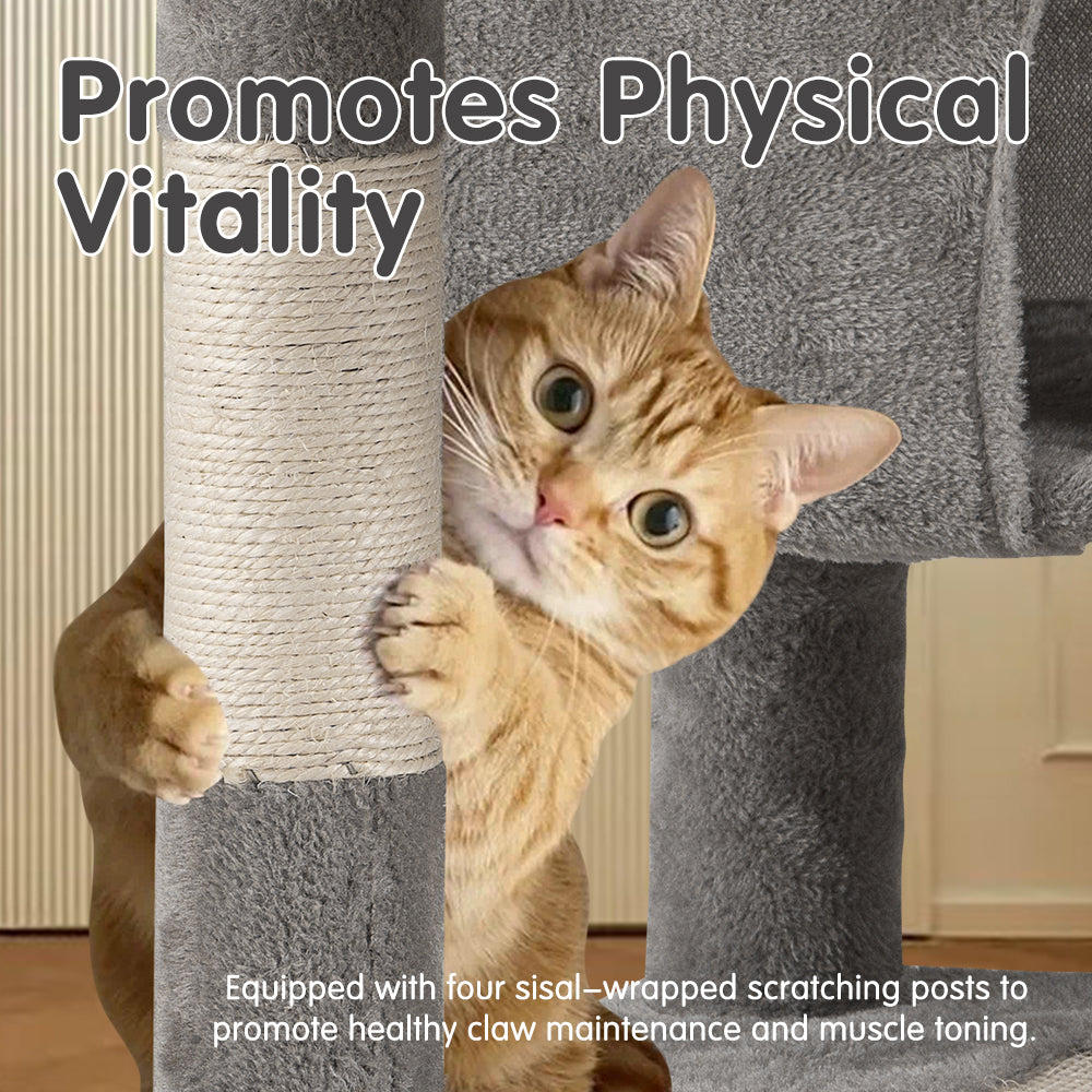Petzly Cat Tree Tower Scratching Post Scratcher Condo House Bed 180cm Grey - Sunyee