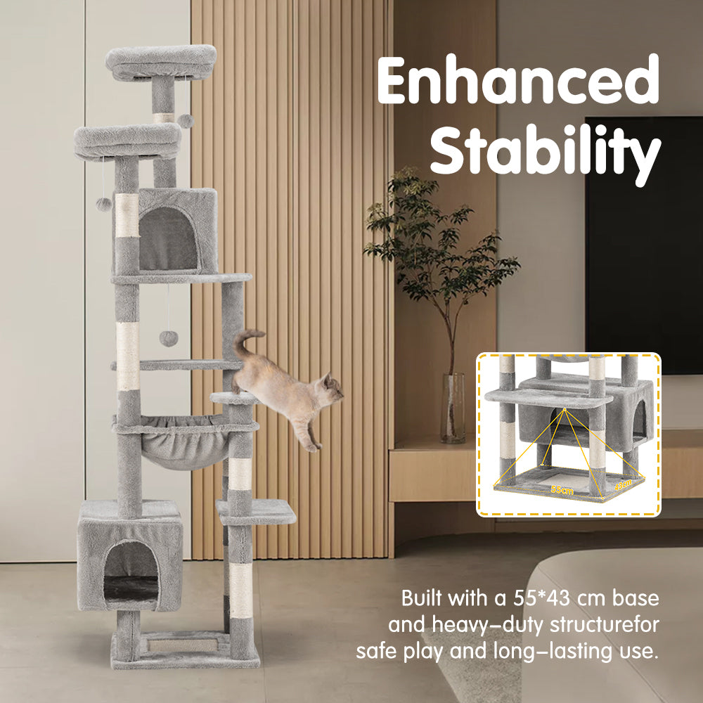Petzly Cat Tree Tower Scratching Post Scratcher Condo House Bed 180cm Grey - Sunyee