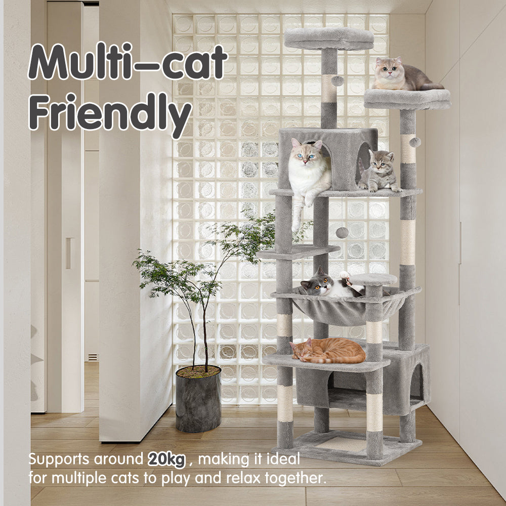Petzly Cat Tree Tower Scratching Post Scratcher Condo House Bed 180cm Grey - Sunyee