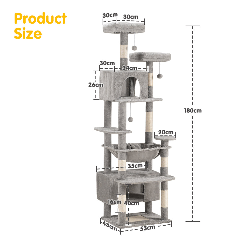 Petzly Cat Tree Tower Scratching Post Scratcher Condo House Bed 180cm Grey - Sunyee