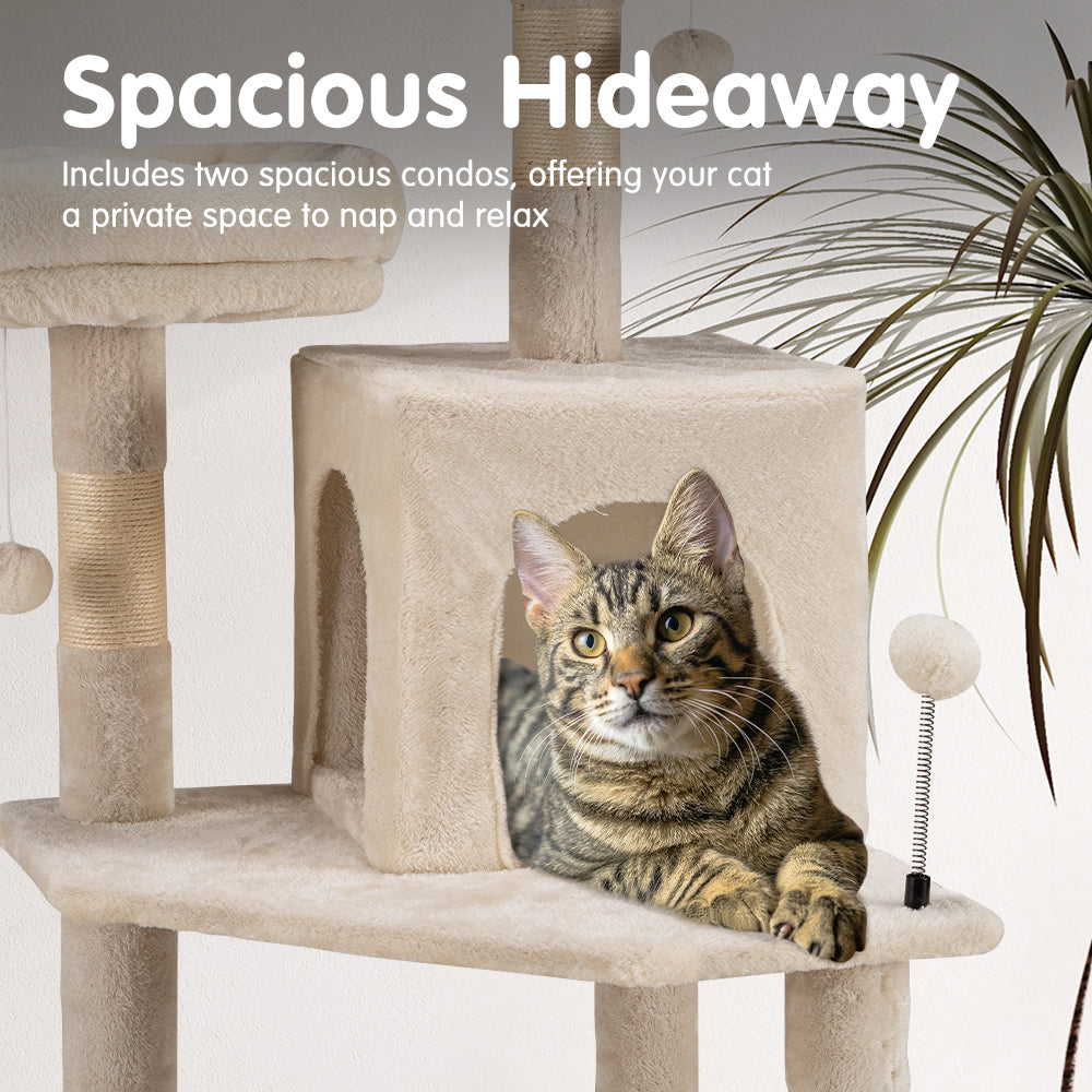 Petzly Cat Tree Tower Scratching Post Scratcher Condo House Bed 164cm Beige/Grey - Sunyee