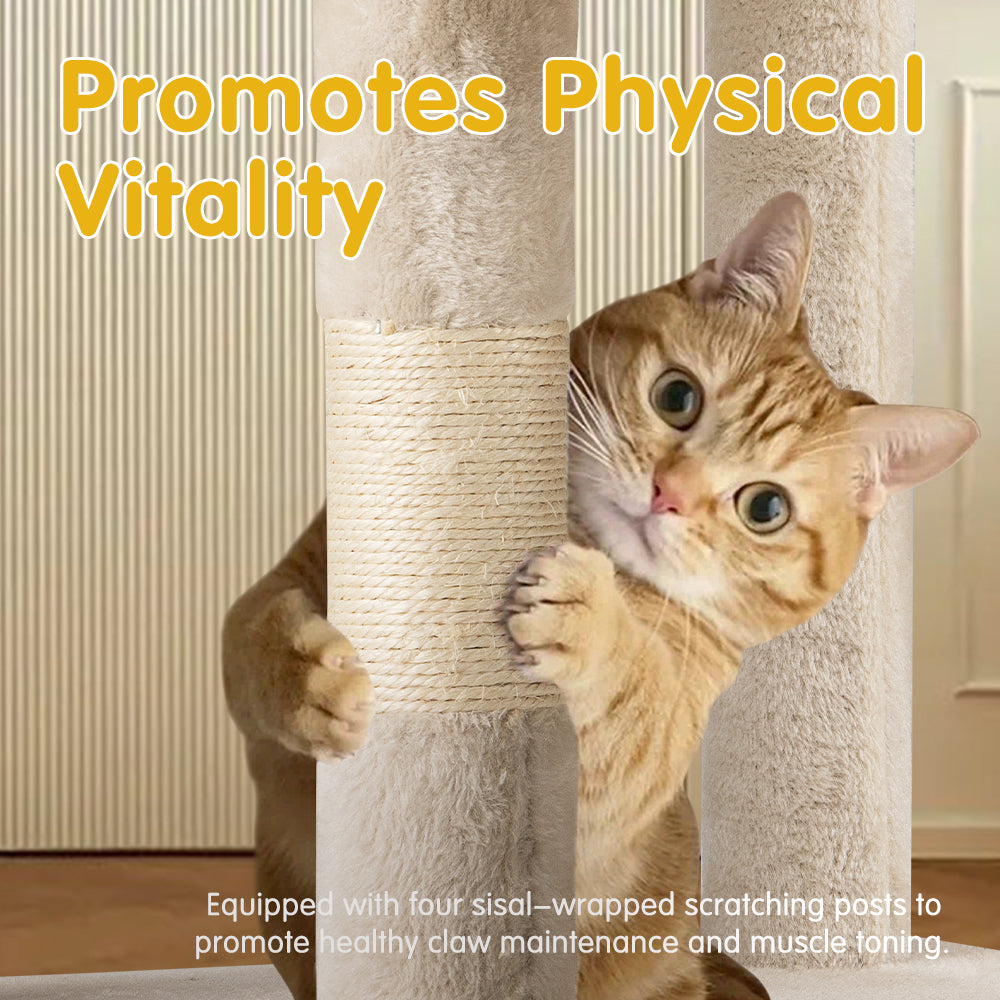 Petzly Cat Tree Tower Scratching Post Scratcher Condo House Bed 164cm Beige/Grey - Sunyee