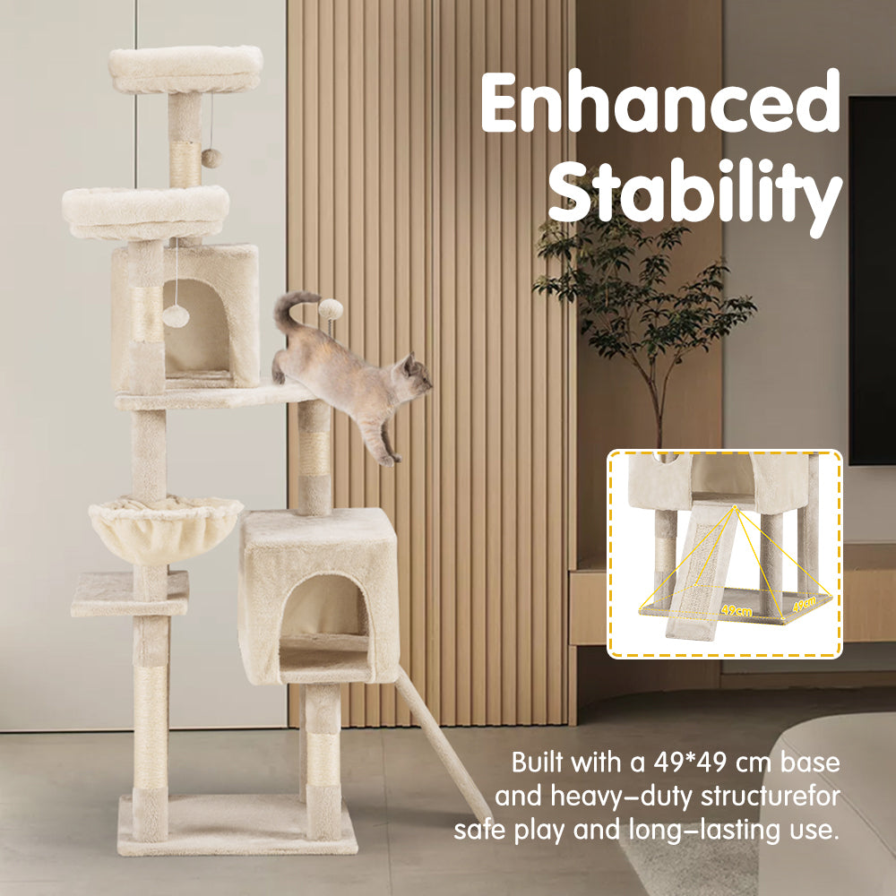 Petzly Cat Tree Tower Scratching Post Scratcher Condo House Bed 164cm Beige/Grey - Sunyee