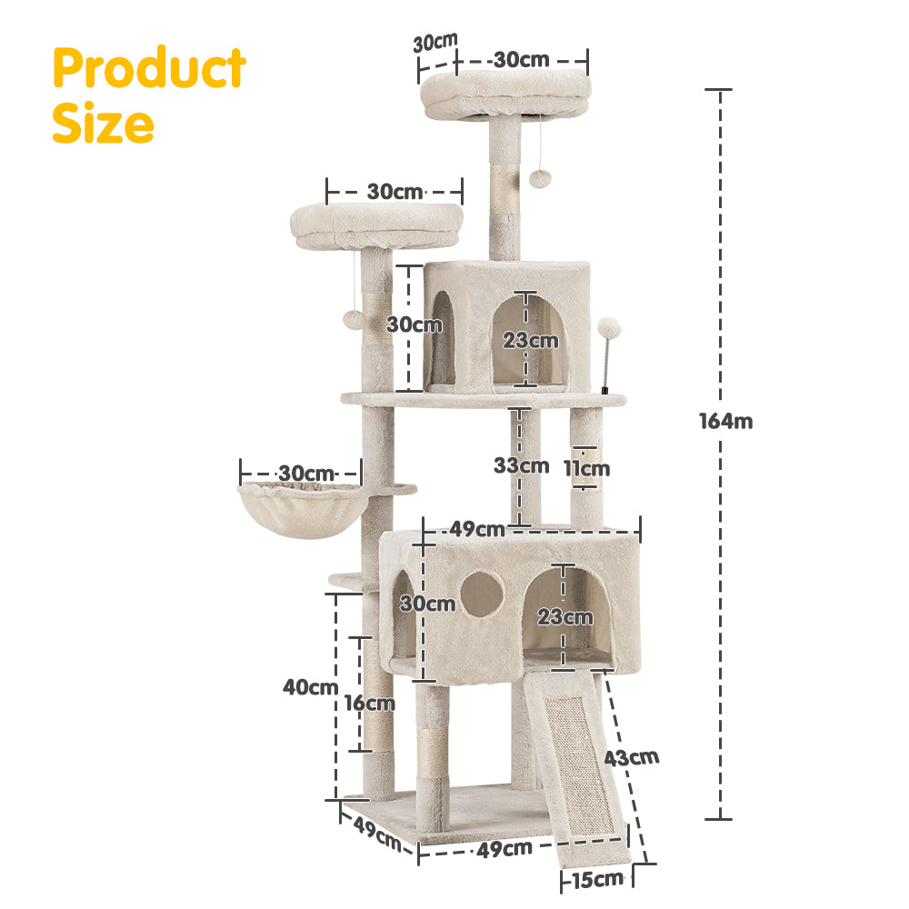 Petzly Cat Tree Tower Scratching Post Scratcher Condo House Bed 164cm Beige - Sunyee