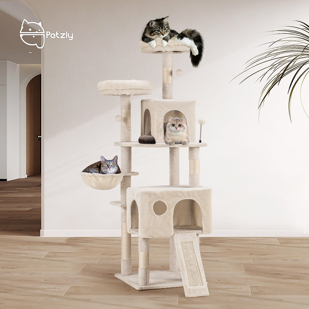 Petzly Cat Tree Tower Scratching Post Scratcher Condo House Bed 164cm Beige/Grey - Sunyee