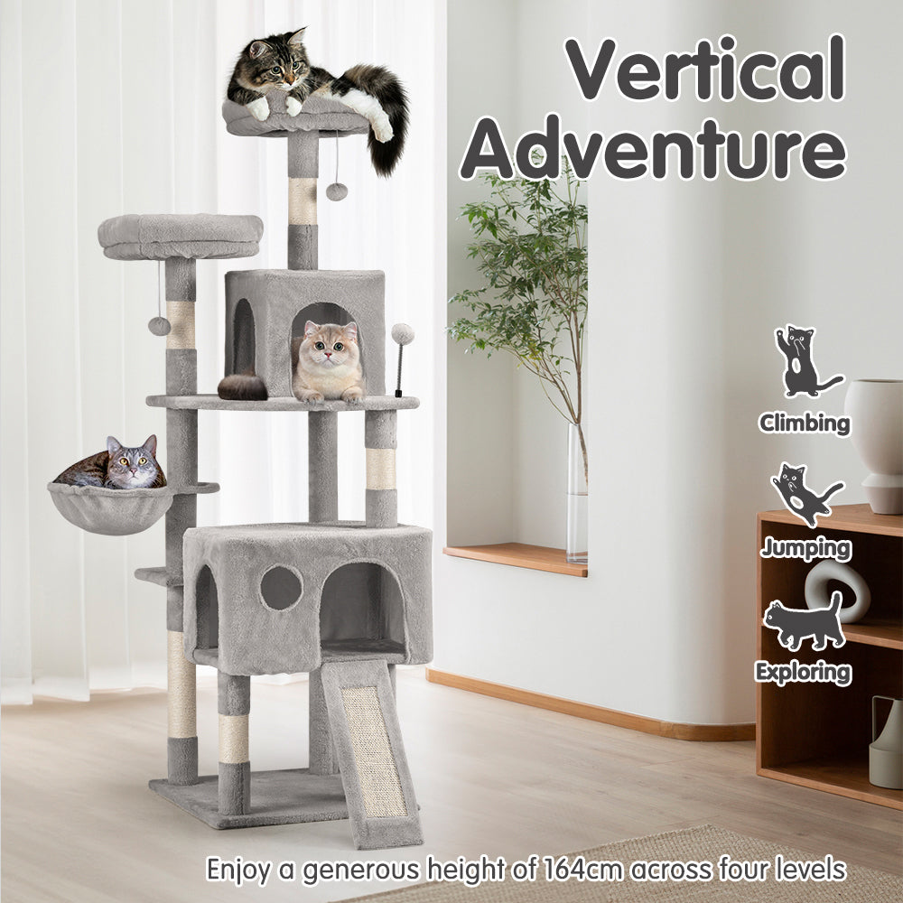 Petzly Cat Tree Tower Scratching Post Scratcher Condo House Bed 164cm Grey - Sunyee