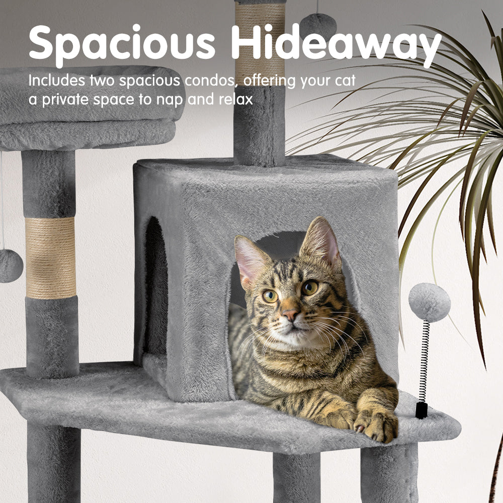 Petzly Cat Tree Tower Scratching Post Scratcher Condo House Bed 164cm Grey - Sunyee