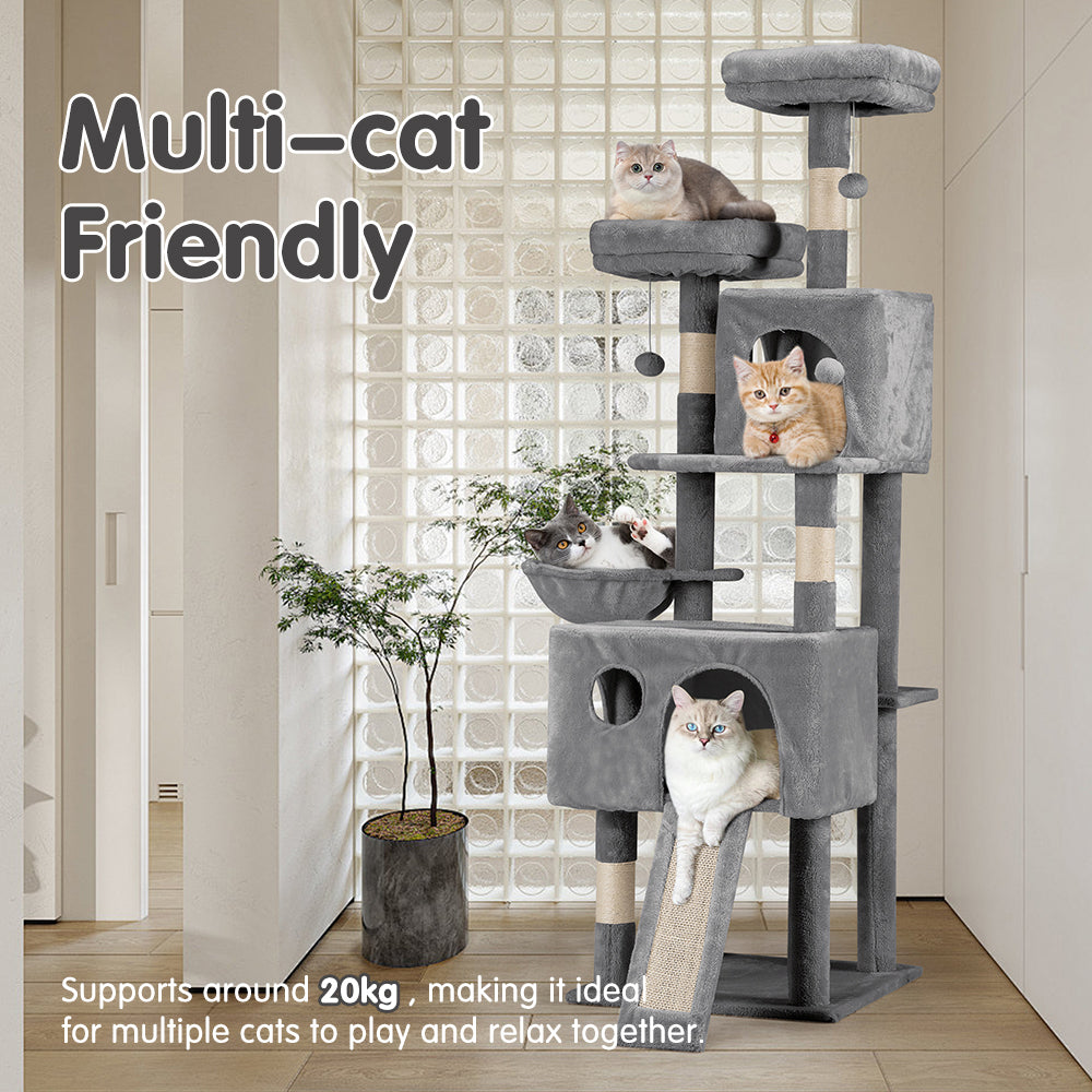 Petzly Cat Tree Tower Scratching Post Scratcher Condo House Bed 164cm Grey - Sunyee