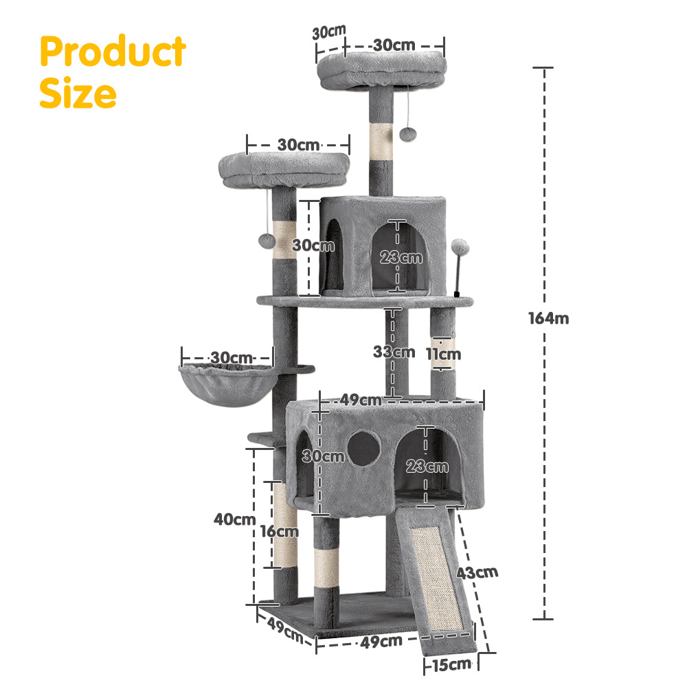 Petzly Cat Tree Tower Scratching Post Scratcher Condo House Bed 164cm Grey - Sunyee