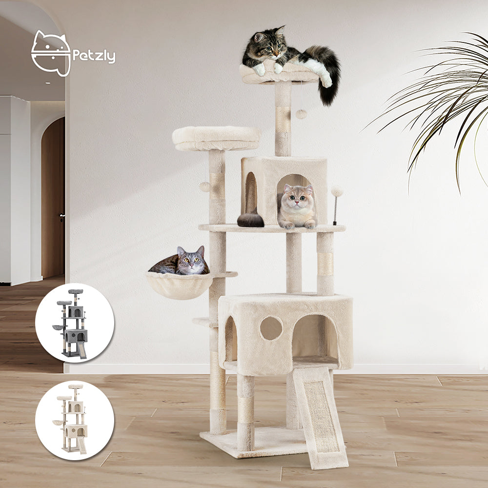 Petzly Cat Tree Tower Scratching Post Scratcher Condo House Bed 164cm Beige/Grey - Sunyee