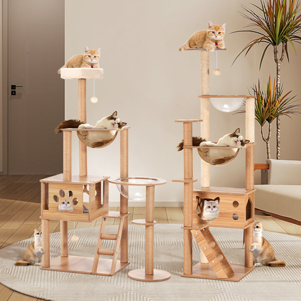 Petzly Wooden Cat Tree Tower Scratching Post Scratcher Condo House Bed 143/150cm - Sunyee