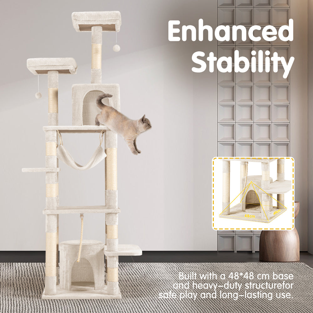 Petzly Cat Tree Tower Scratching Post Scratcher Condo 180cm Beige/Dark Grey/Grey - Sunyee