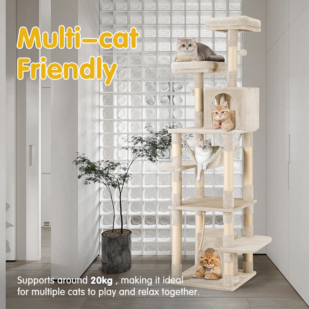 Petzly Cat Tree Tower Scratching Post Scratcher Condo 180cm Beige/Dark Grey/Grey - Sunyee