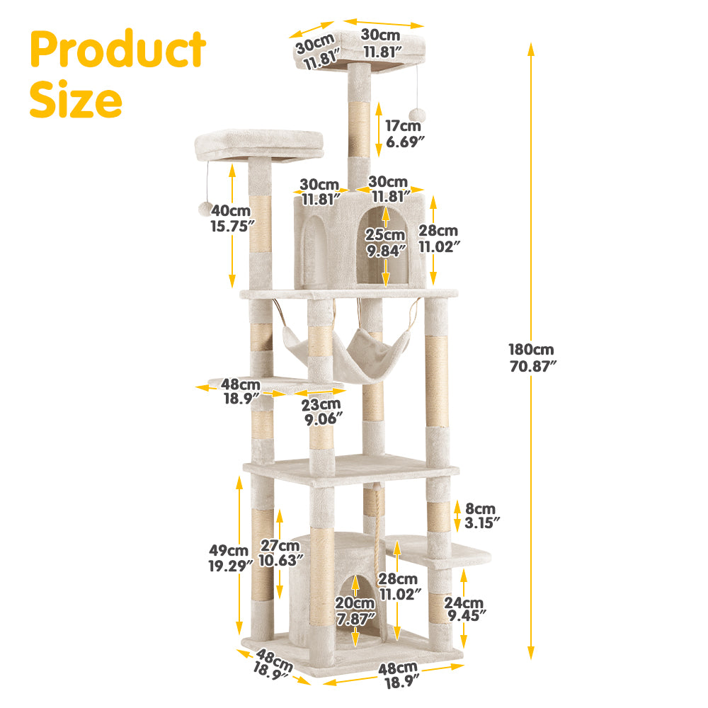 Petzly Cat Tree Tower Scratching Post Scratcher Condo 180cm Beige/Dark Grey/Grey - Sunyee