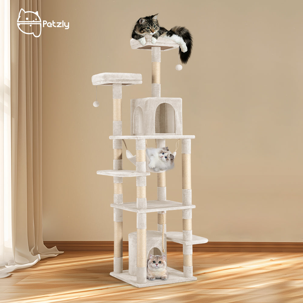 Petzly Cat Tree Tower Scratching Post Scratcher Condo 180cm Beige/Dark Grey/Grey - Sunyee