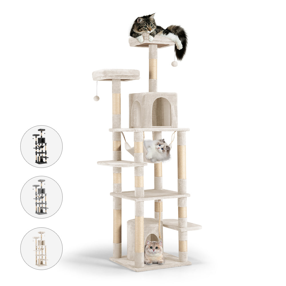 Petzly Cat Tree Tower Scratching Post Scratcher Condo 180cm Beige/Dark Grey/Grey - Sunyee