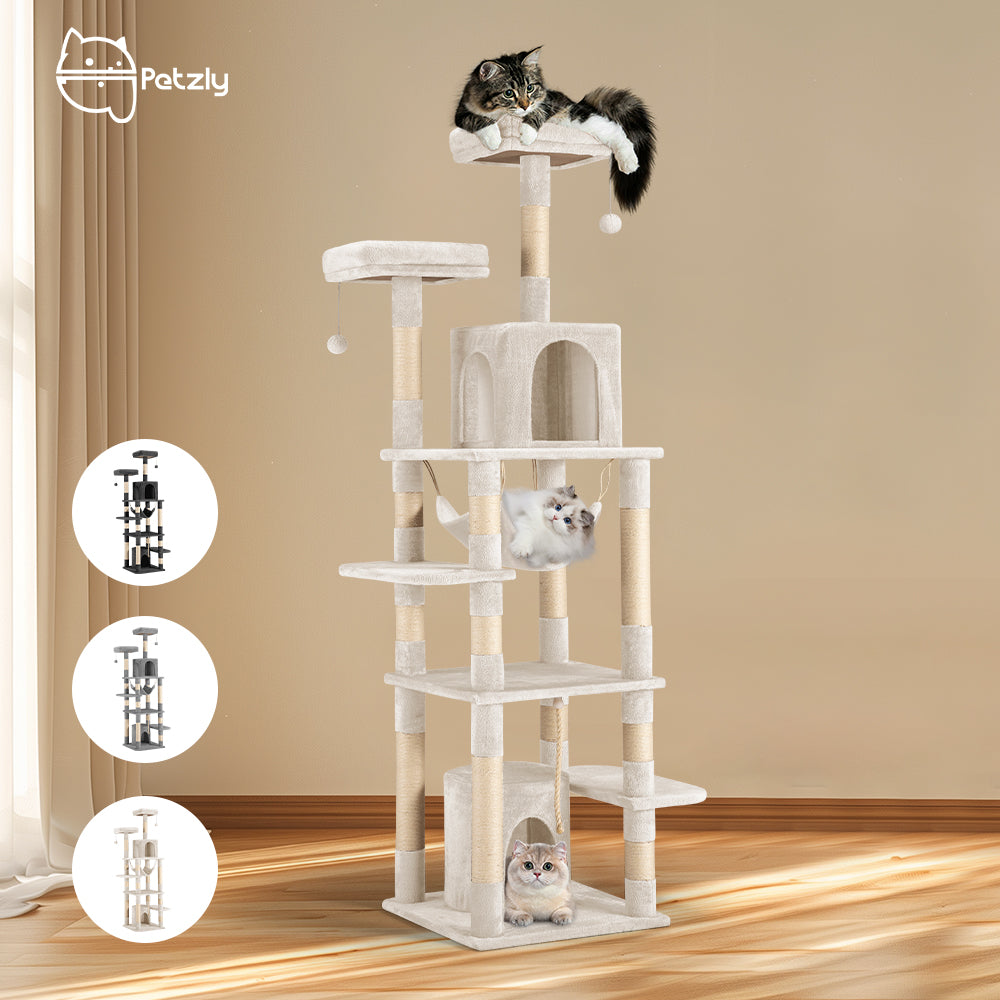 Petzly Cat Tree Tower Scratching Post Scratcher Condo 180cm Beige/Dark Grey/Grey - Sunyee