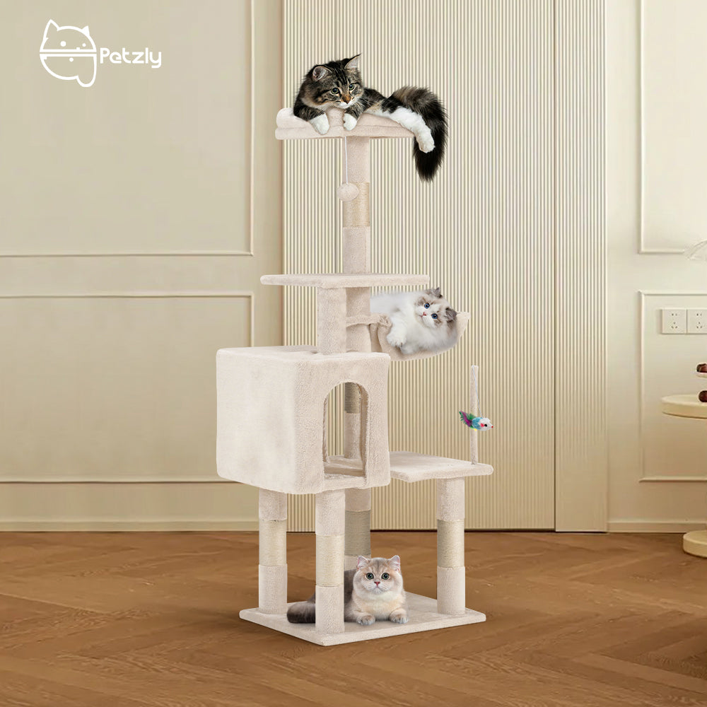Petzly Cat Tree Tower Scratching Post Scratcher Condo 125cm Beige/Dark Grey/Grey