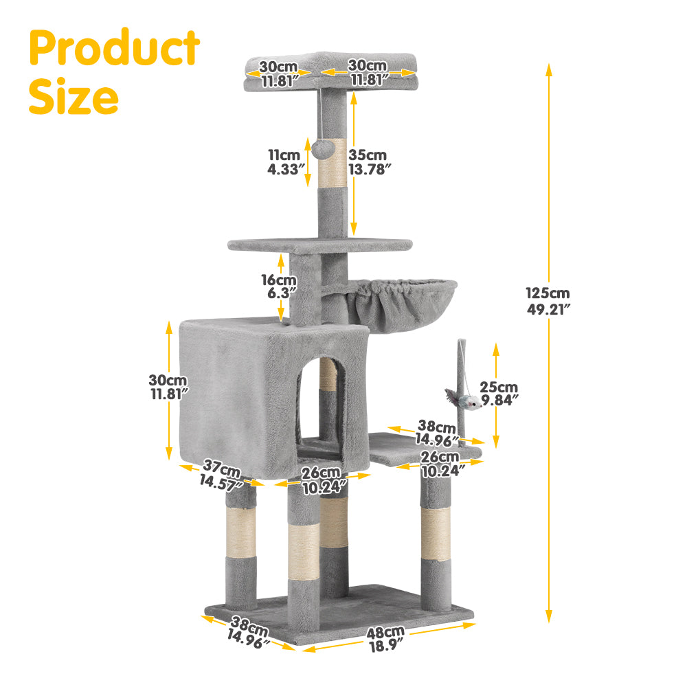 Petzly Cat Tree Tower Scratching Post Scratcher Condo 125cm Beige/Dark Grey/Grey - Sunyee