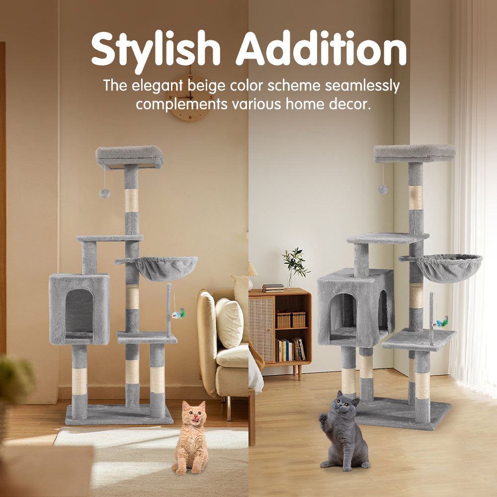 Petzly Cat Tree Tower Scratching Post Scratcher Condo 125cm Beige/Dark Grey/Grey - Sunyee