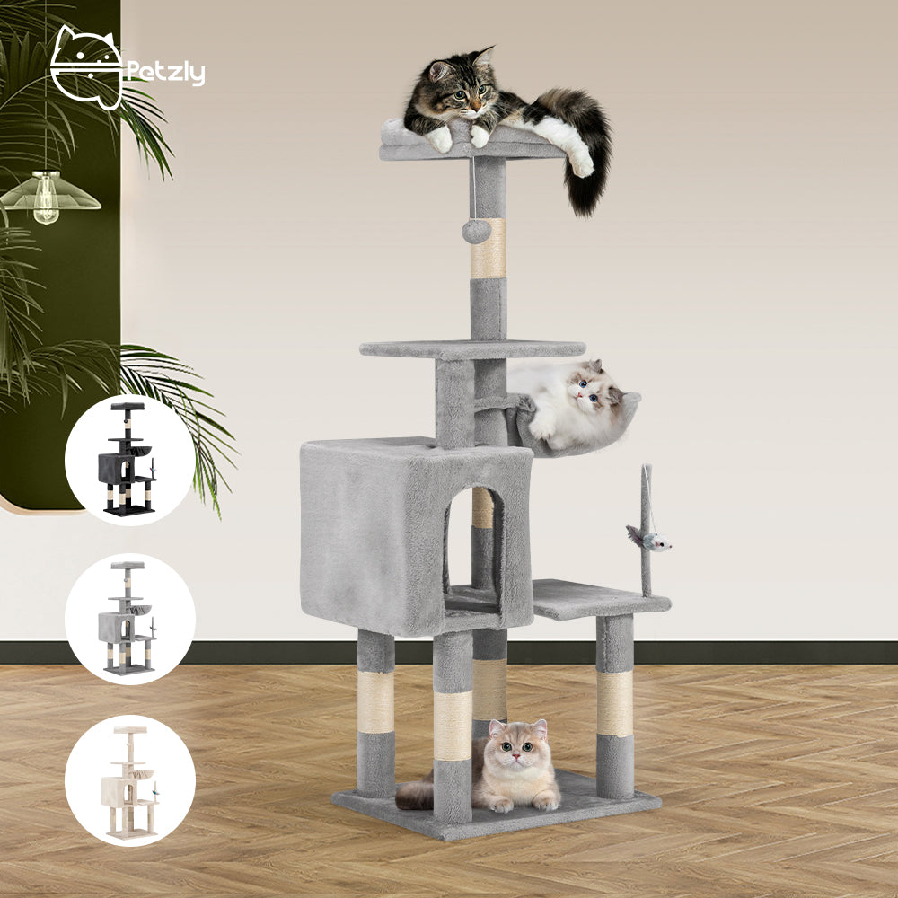 Petzly Cat Tree Tower Scratching Post Scratcher Condo 125cm Beige/Dark Grey/Grey
