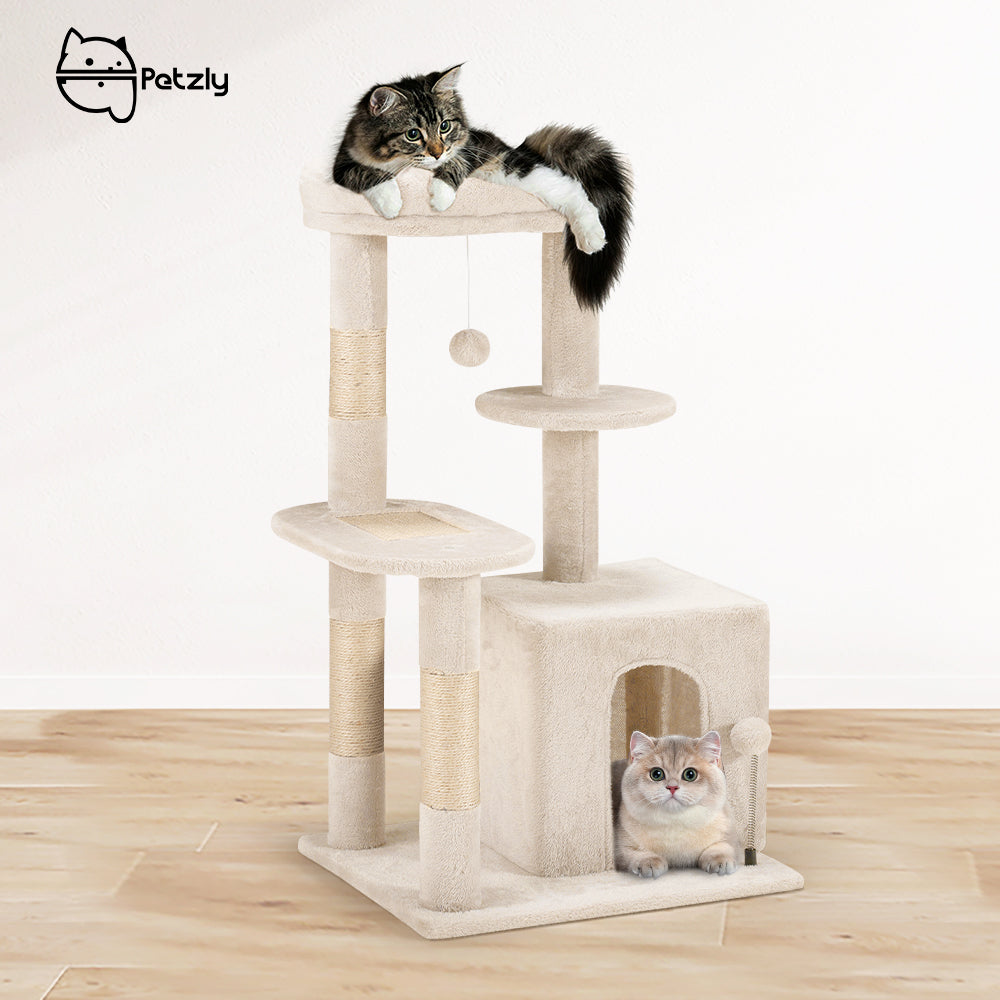 Petzly Cat Tree Tower Scratching Post Scratcher Condo 85cm Beige/Dark Grey/Grey - Sunyee