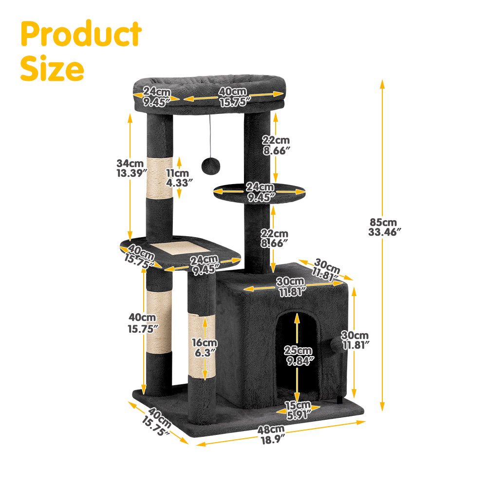 Petzly Cat Tree Tower Scratching Post Scratcher Condo 85cm Beige/Dark Grey/Grey - Sunyee