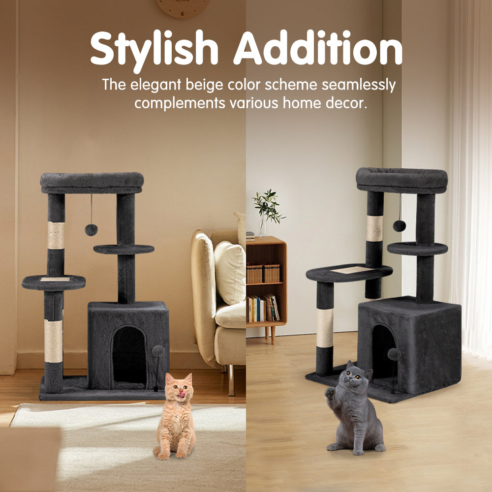 Petzly Cat Tree Tower Scratching Post Scratcher Condo 85cm Beige/Dark Grey/Grey - Sunyee