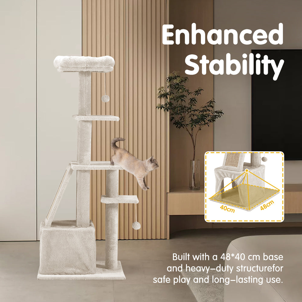 Petzly Cat Tree Tower Scratching Condo House Bed 125cm Beige/Dark Grey/Grey - Sunyee