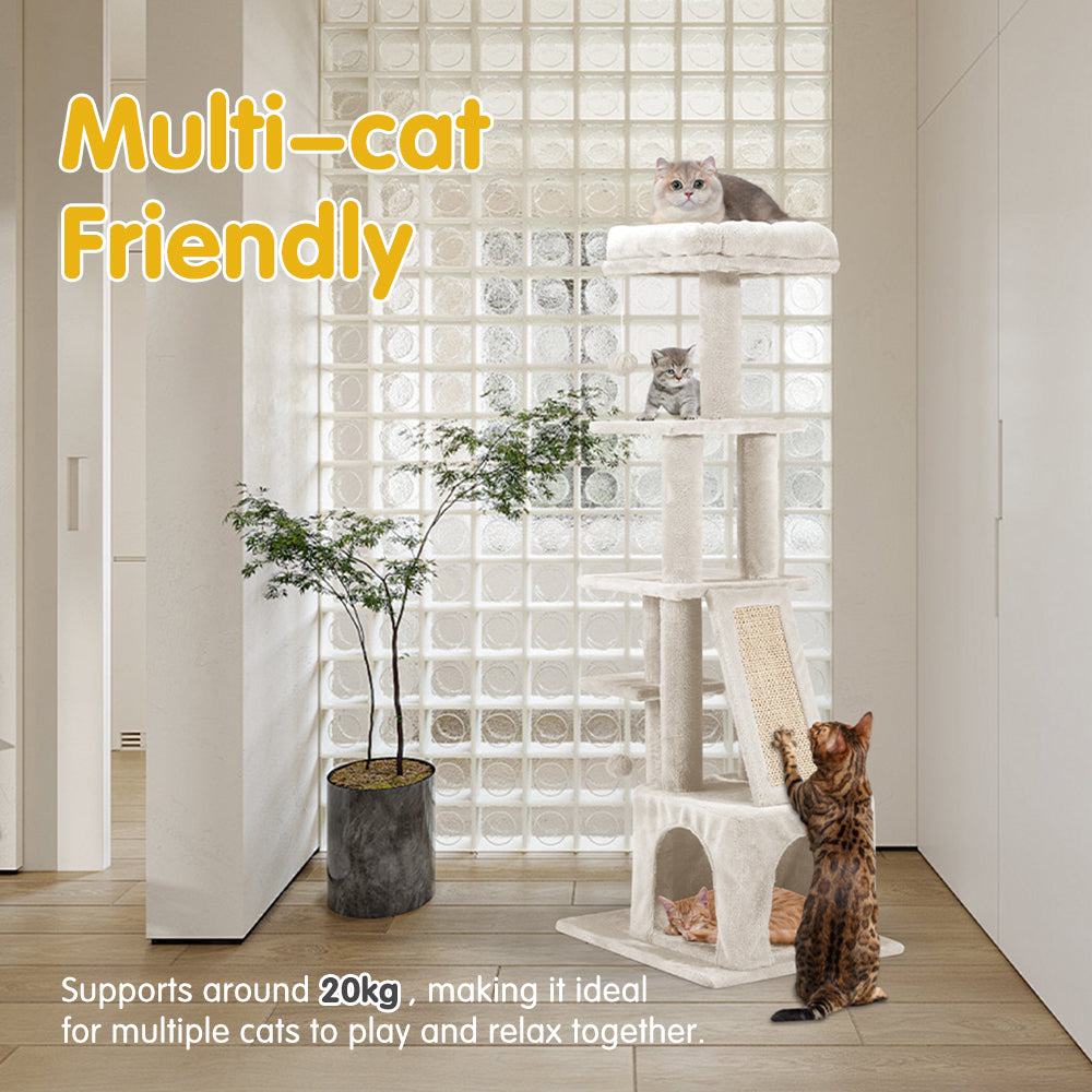 Petzly Cat Tree Tower Scratching Condo House Bed 125cm Beige/Dark Grey/Grey - Sunyee
