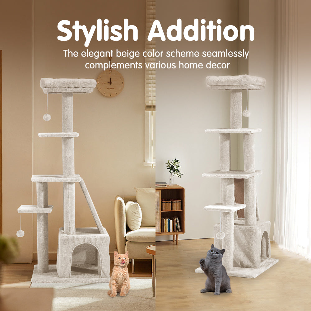 Petzly Cat Tree Tower Scratching Condo House Bed 125cm Beige/Dark Grey/Grey - Sunyee
