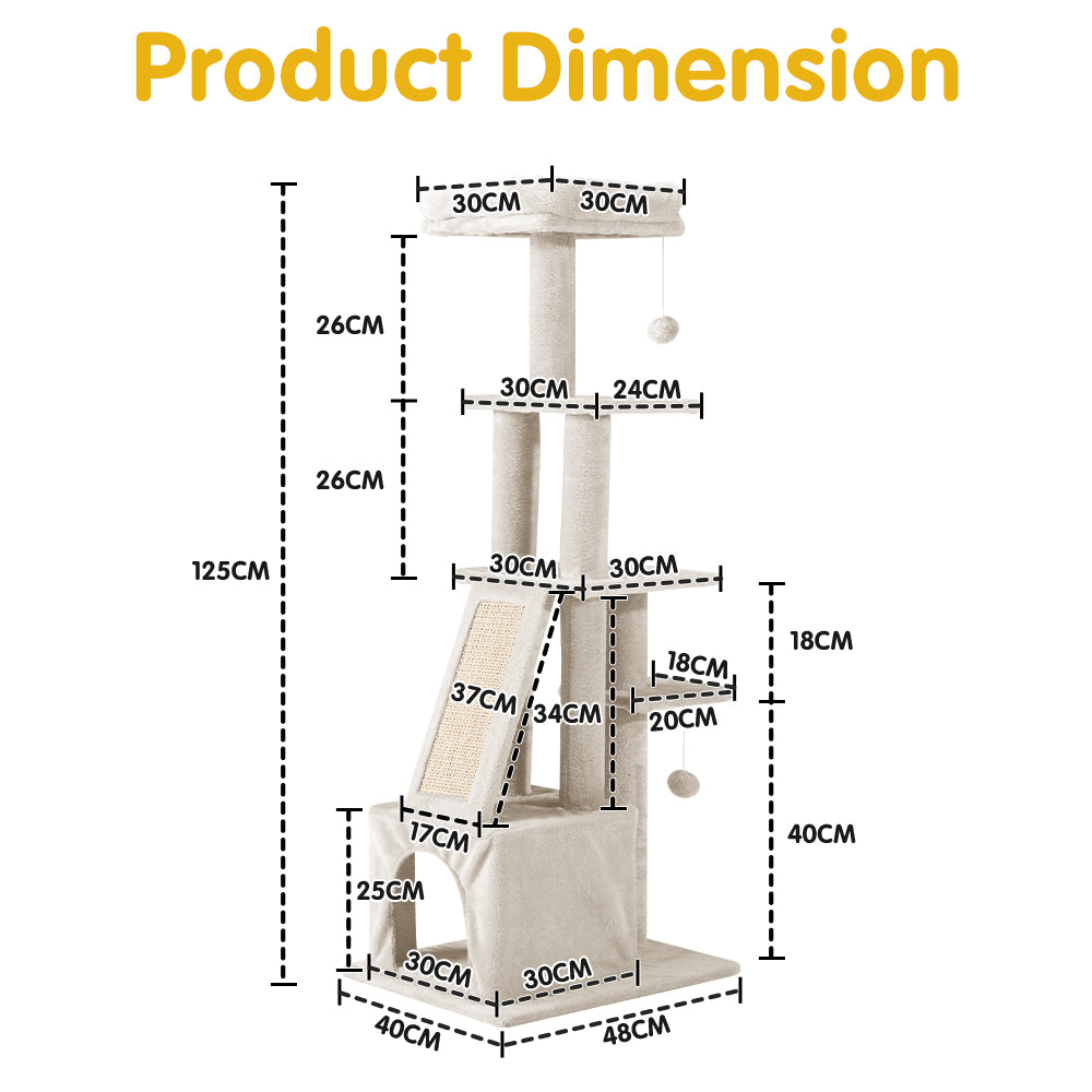 Petzly Cat Tree Tower Scratching Condo House Bed 125cm Beige/Dark Grey/Grey - Sunyee