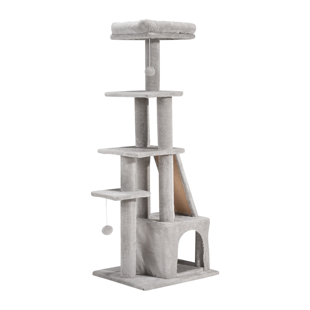 Petzly Cat Tree Tower Scratching Condo House Bed 125cm Beige/Dark Grey/Grey - Sunyee
