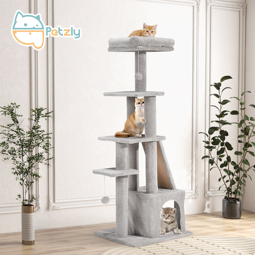 Petzly Cat Tree Tower Scratching Condo House Bed 125cm Beige/Dark Grey/Grey - Sunyee