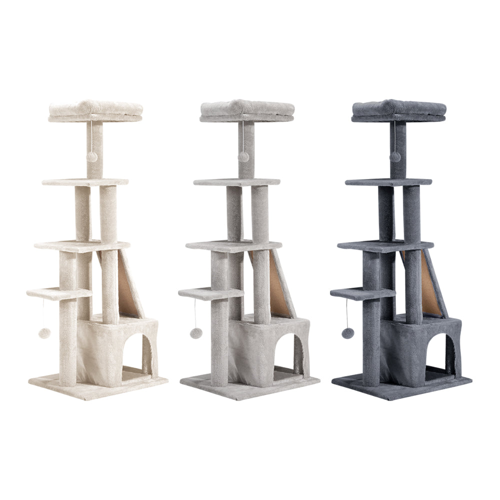 Petzly Cat Tree Tower Scratching Condo House Bed 125cm Beige/Dark Grey/Grey - Sunyee