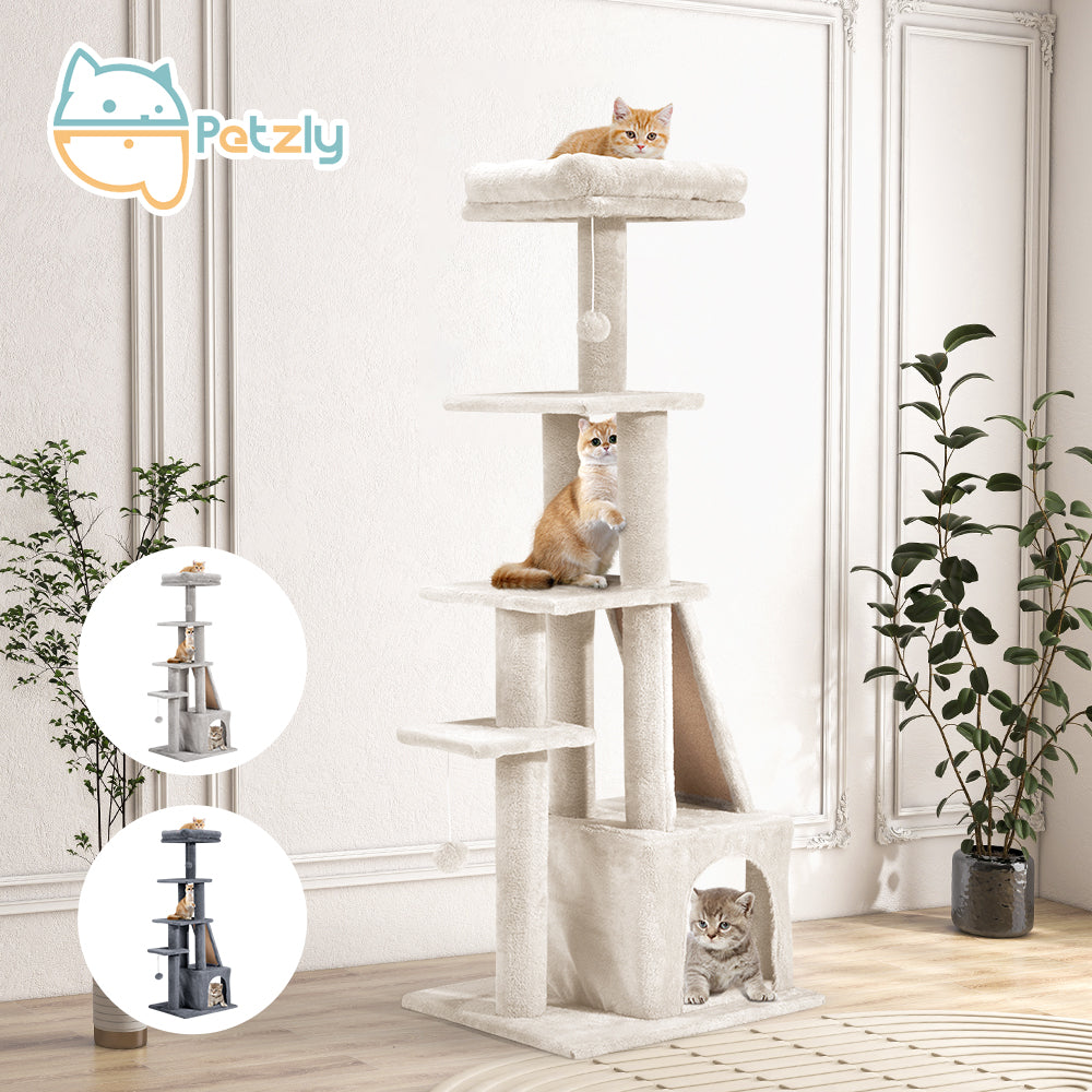 Petzly Cat Tree Tower Scratching Condo House Bed 125cm Beige/Dark Grey/Grey - Sunyee