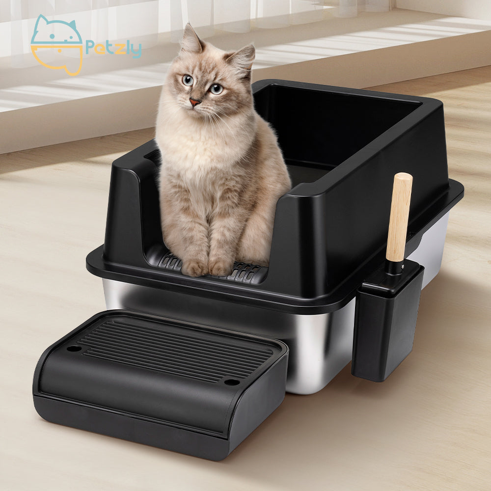 Petzly Stainless Steel Semi-Enclosed XXL Cat Litter Box Non Stick Leak-Proof - Sunyee