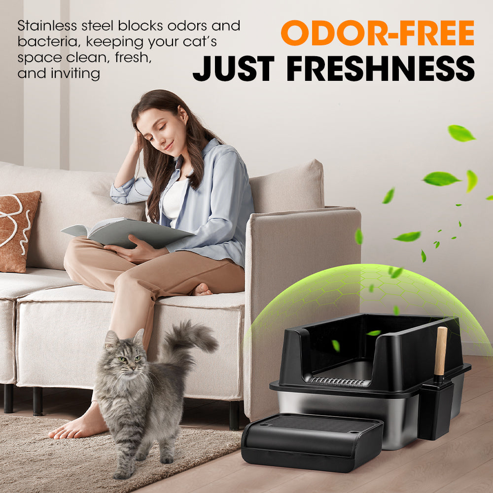 Petzly Stainless Steel Semi-Enclosed XXL Cat Litter Box Non Stick Leak-Proof - Sunyee