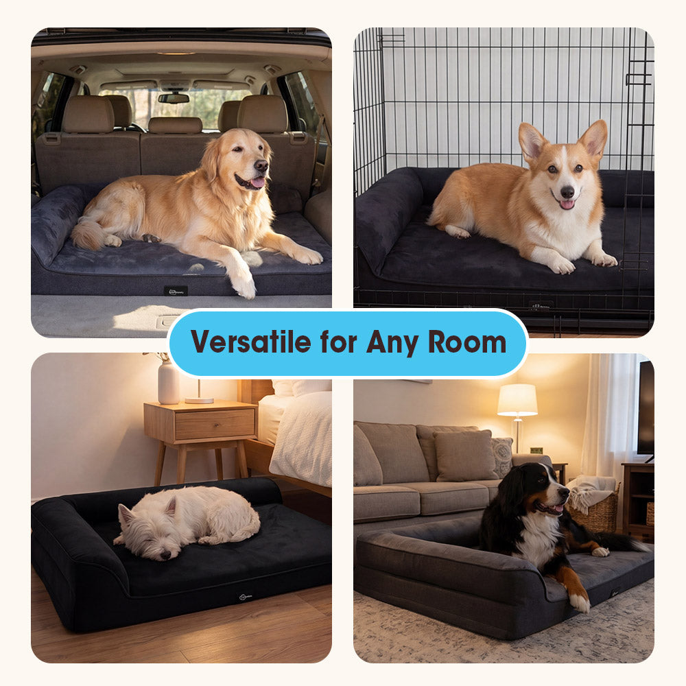 Petzly Dog Bed with L-Shaped Bolsters Removable Washable Cover Memory Foam