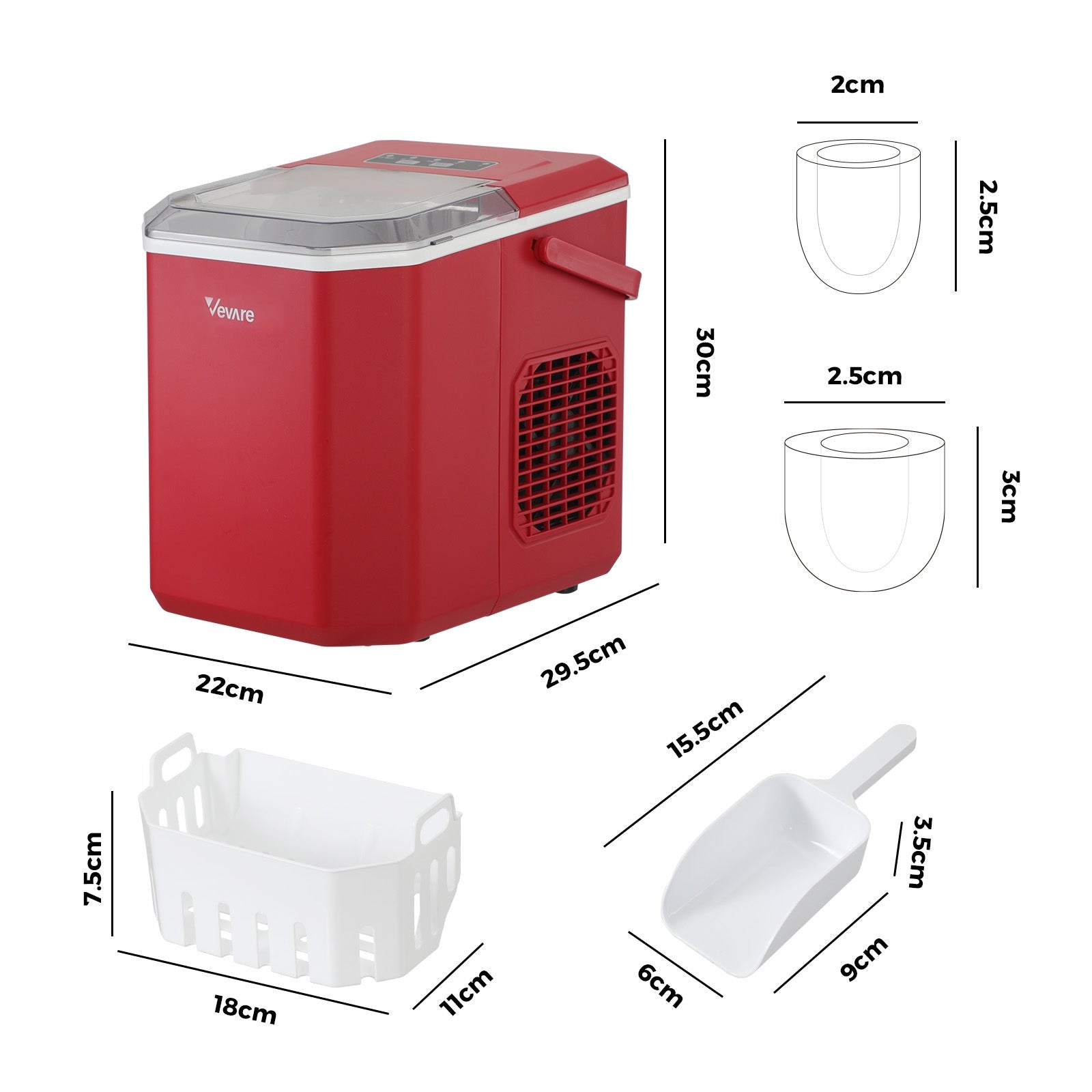 Vevare Portable Ice Maker Machine Ice Cube Tray With Handle 12kg Bar Home Red - Sunyee