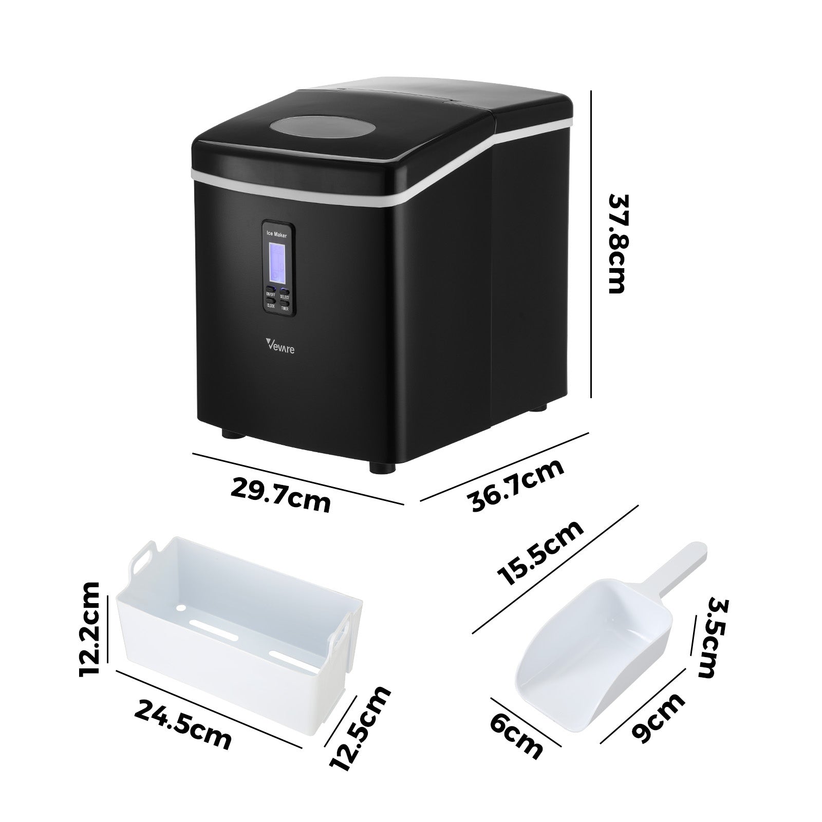 Vevare 3L Portable Ice Maker Machine 15kg Ice Cube Tray Bar Countertop Black - Sunyee