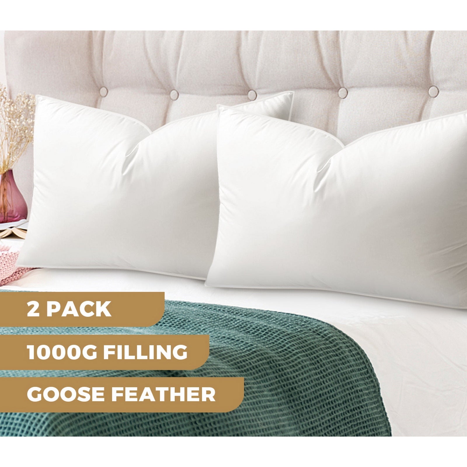 Bedra Bedding Pillow Goose Feather Down Pillows Twin Pack Standard Size Hotel - Sunyee