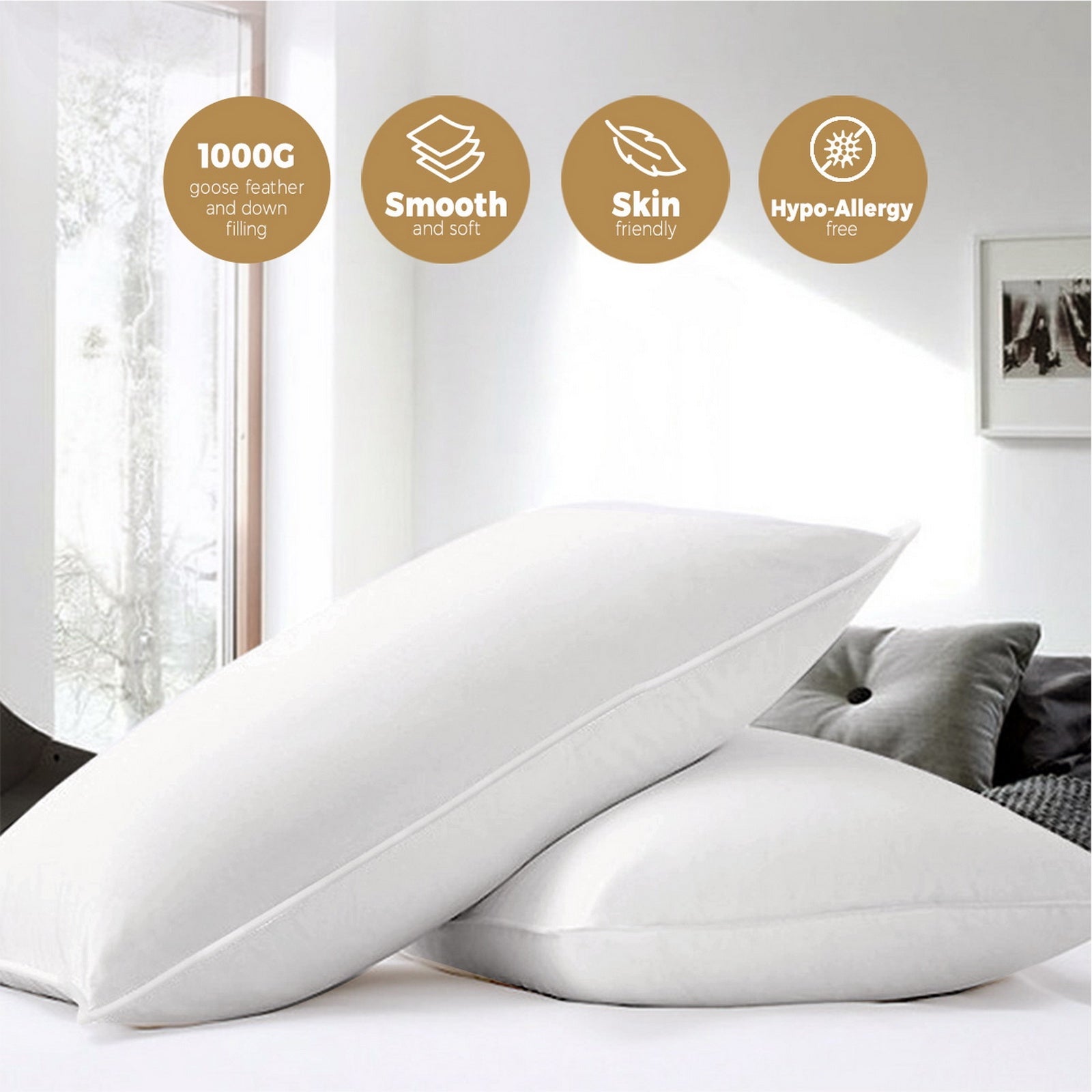 Bedra Bedding Pillow Goose Feather Down Pillows Twin Pack Standard Size Hotel - Sunyee
