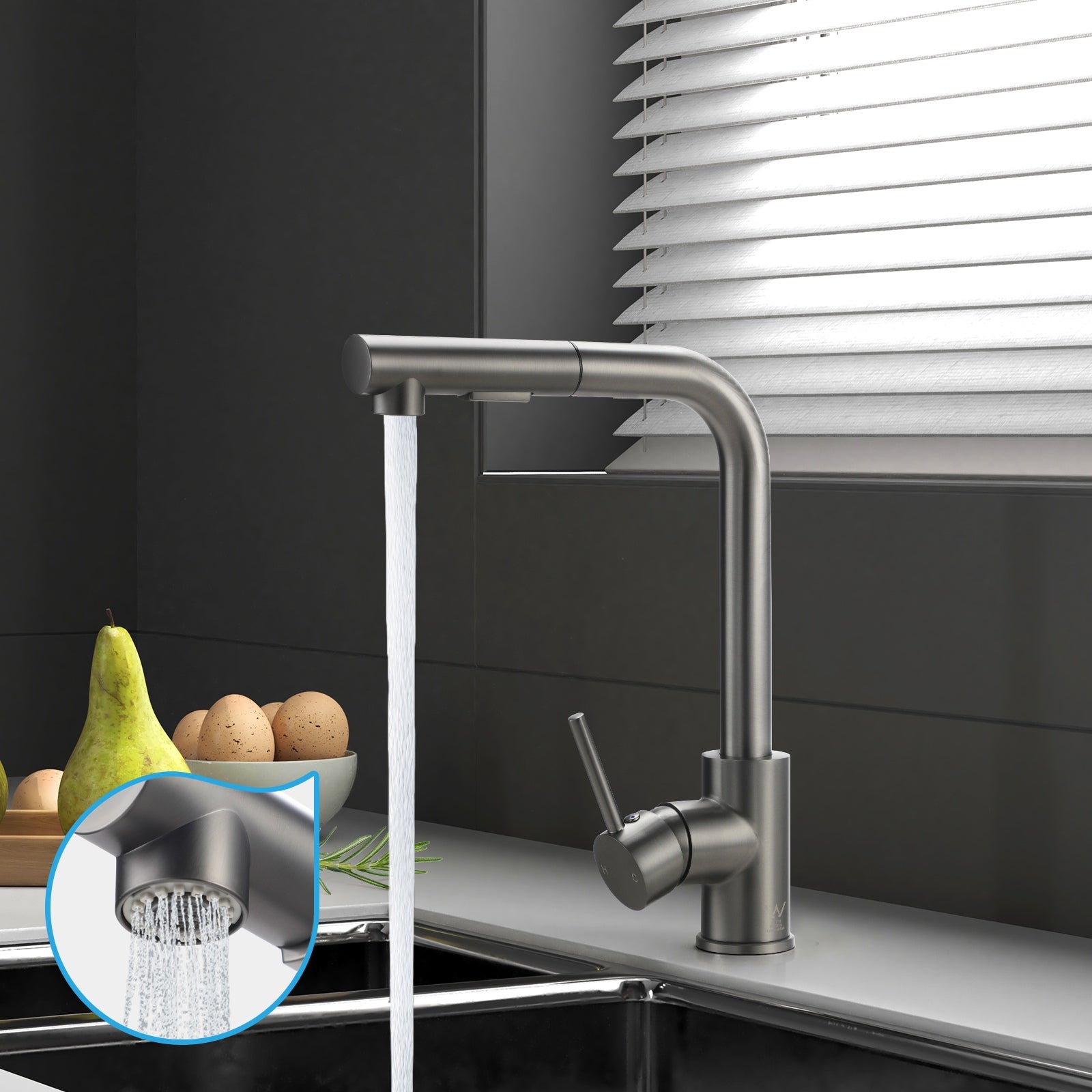 Welba Kitchen Mixer Tap Pull Out Faucet Sink Basin Swivel 2 Modes Gun Grey - Sunyee