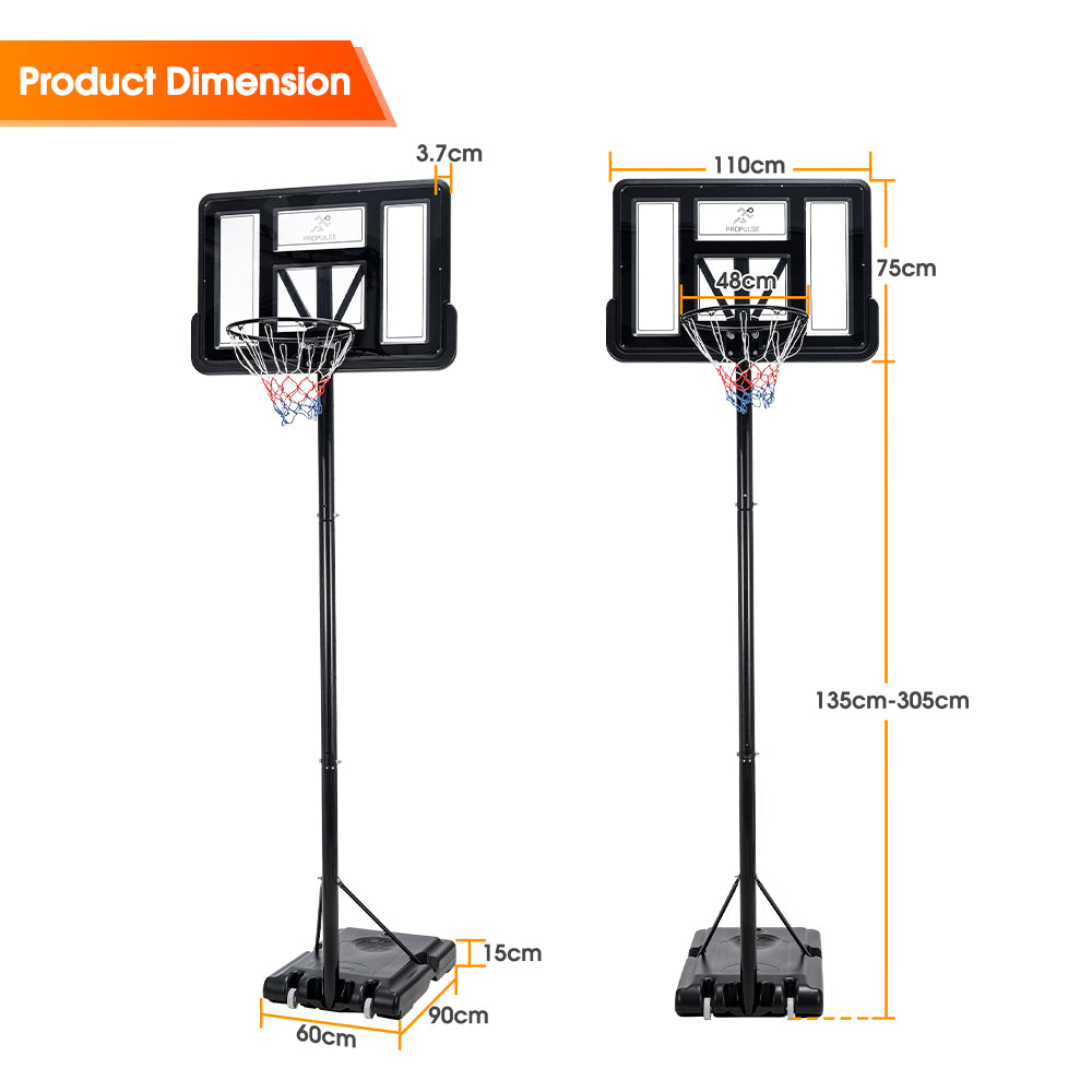 ProPulse Basketball Hoop Stand System Portable 1.36M-3.05M Height Adjustable - Sunyee
