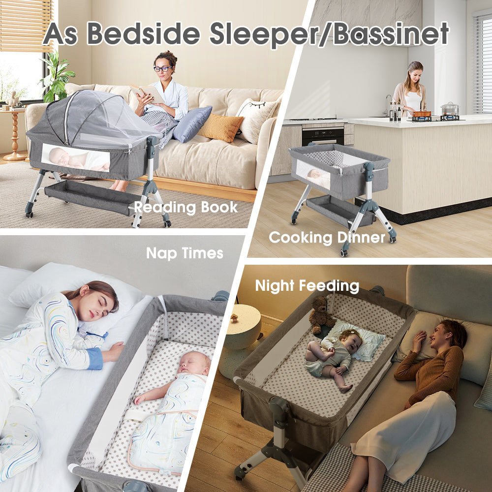 PlayPals Baby Cot Crib Bed Portable Bassinet Bedside Sleeper Adjustable Height - Sunyee