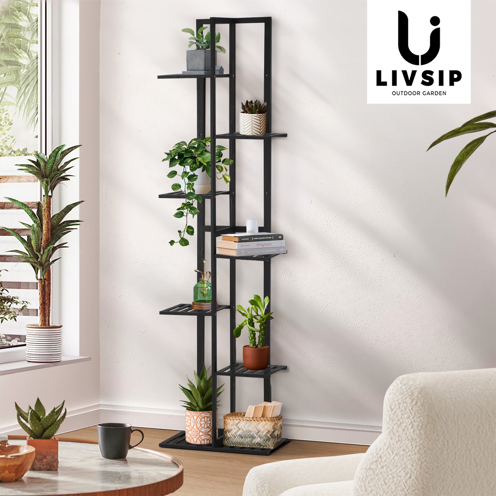 Livsip 7 Tiers Bamboo Plant Stand Staged Flower Shelf Rack Outdoor Garden - Sunyee