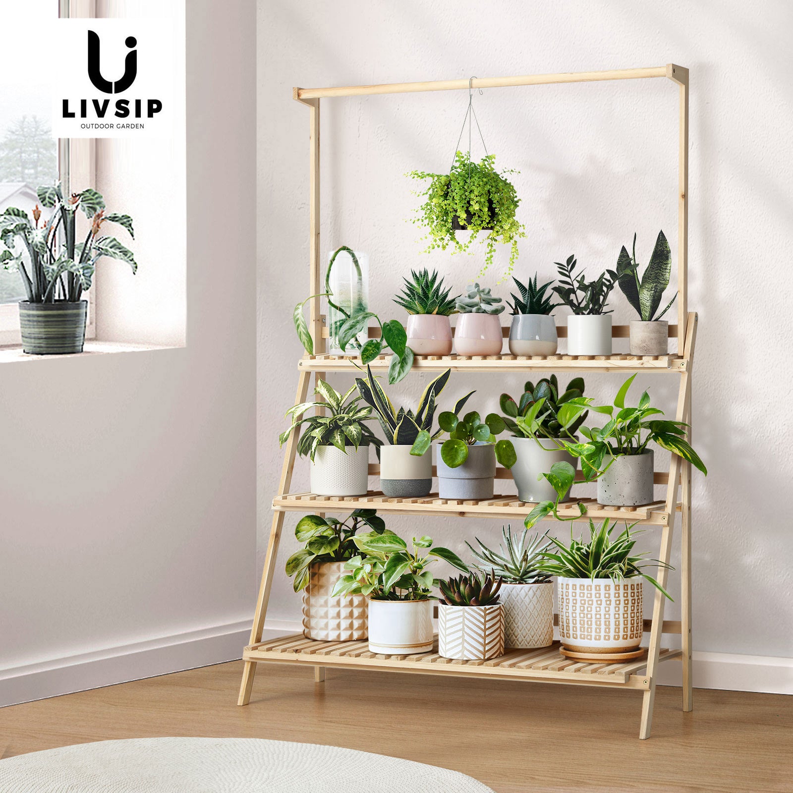 Livsip Plant Stand Outdoor Indoor Wooden Flower Pots Rack Corner Planter Shelf - Sunyee