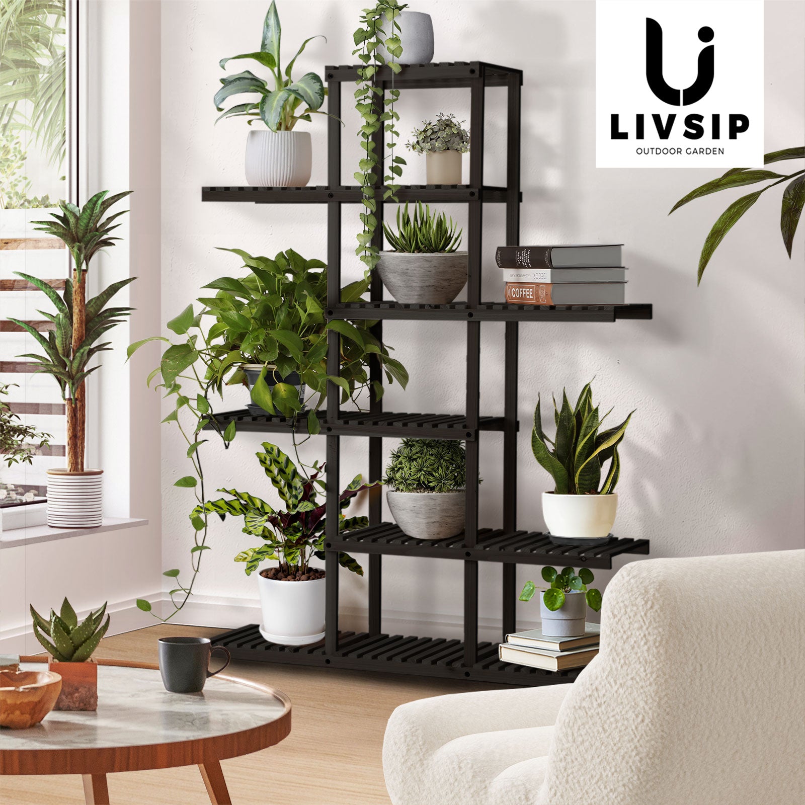 Livsip Plant Stand Outdoor Indoor 6 Tiers Flower Pots Rack Corner Shelf Black - Sunyee